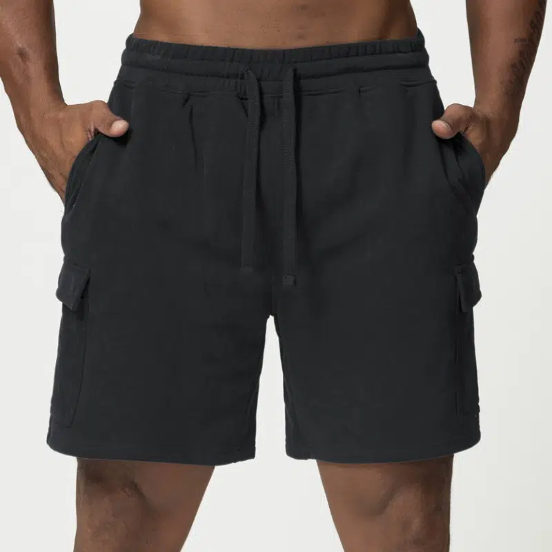 athletic shorts manufacturer black fleece cargo shorts with elastic waistband