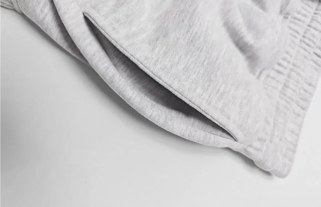 athletic shorts manufacturer heather gray fleece cargo shorts hem and waistband detail