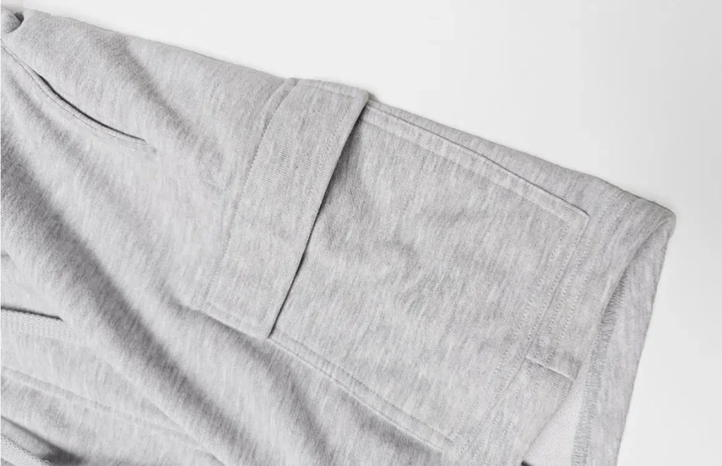 athletic shorts manufacturer heather gray fleece cargo shorts pocket and fabric detail