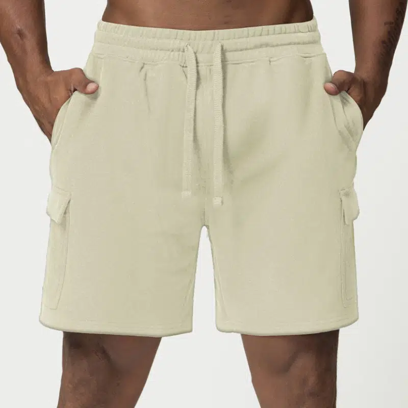 athletic shorts manufacturer light beige fleece cargo shorts with drawstring