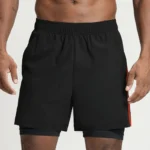 gym shorts manufacturer black 2-in-1 quick-dry gym shorts with red stripe