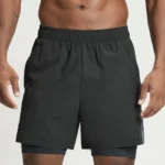 gym shorts manufacturer dark gray 2-in-1 gym shorts with blue side stripe