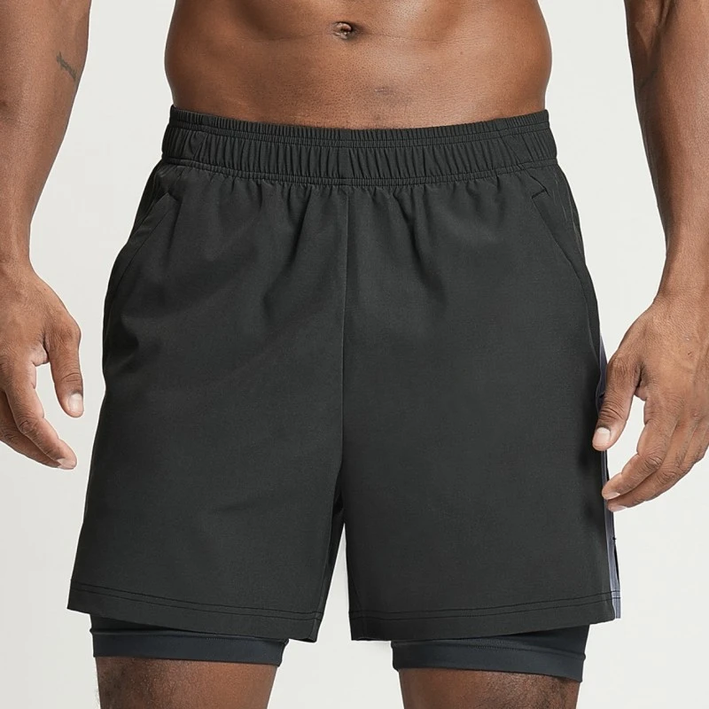 gym shorts manufacturer dark gray 2-in-1 gym shorts with blue side stripe