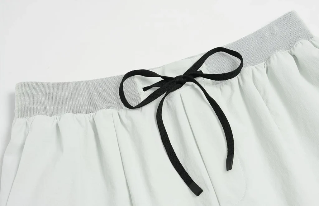 gym shorts manufacturer light gray eco-friendly gym shorts drawstring and mesh waistband detail