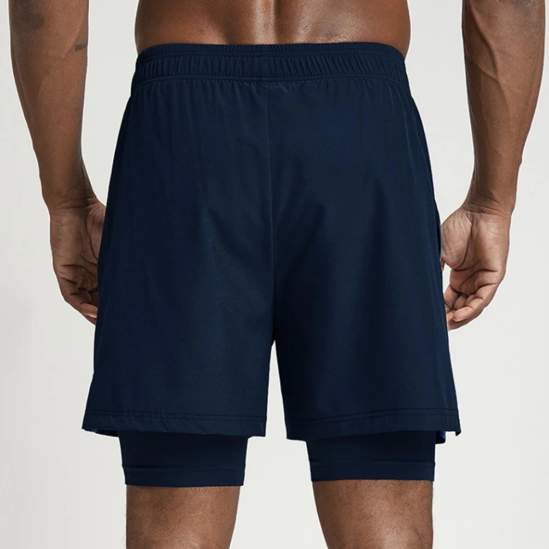 gym shorts manufacturer navy 2-in-1 gym shorts back view