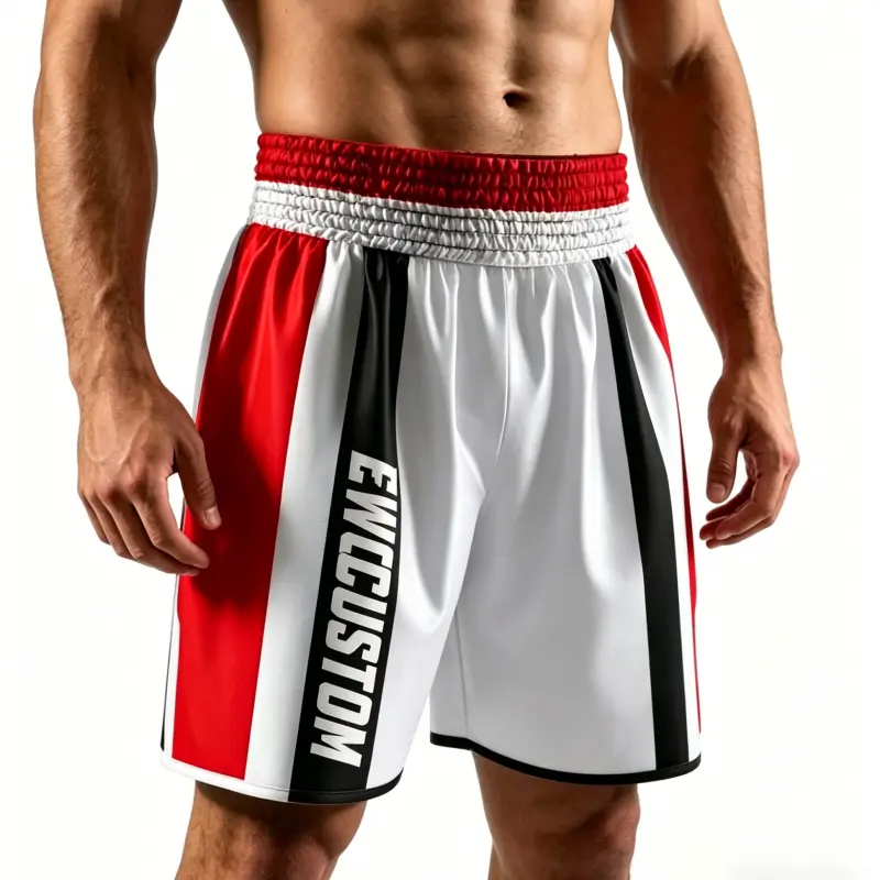 Men red and white custom boxing shorts product sample