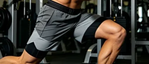 Athlete wearing custom gym and running shorts performing a weighted lunge in a gym, highlighting the 2-in-1 design with built-in compression layer.