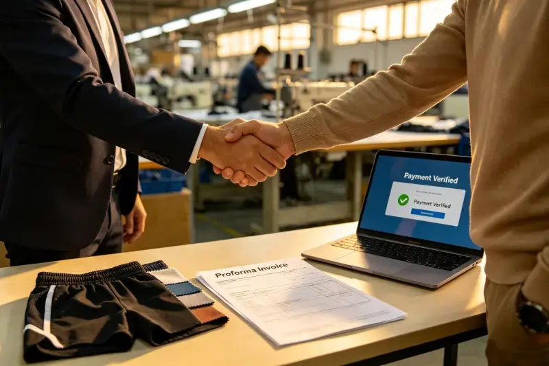A Supplier Partnership Built on Trust A manufacturer and a client shaking hands over a table with fabric swatches