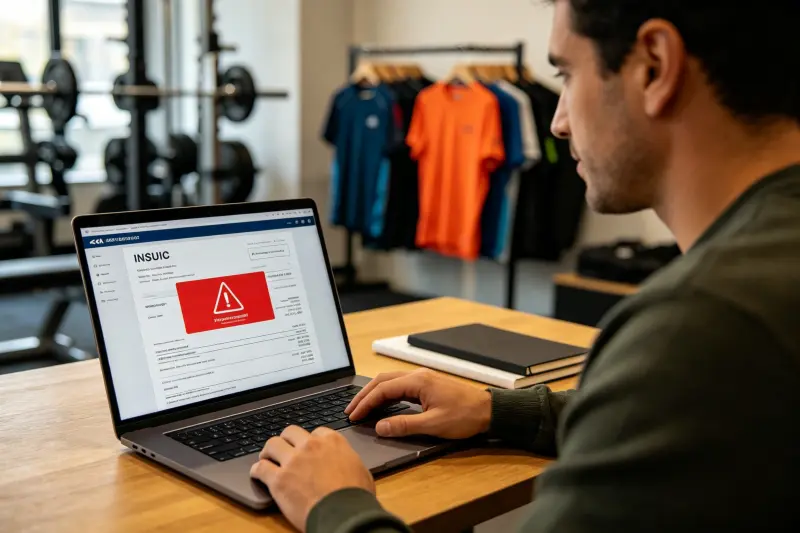 Verify All Payment Requests with Your Supplier A person cautiously reviewing an invoice on a laptop, with a sportswear background