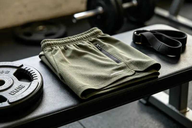Gym Shorts Details A pair of gym shorts on a workout bench