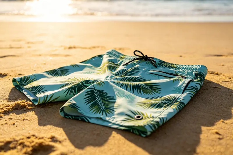 Board Shorts Details A pair of board shorts with a tropical print