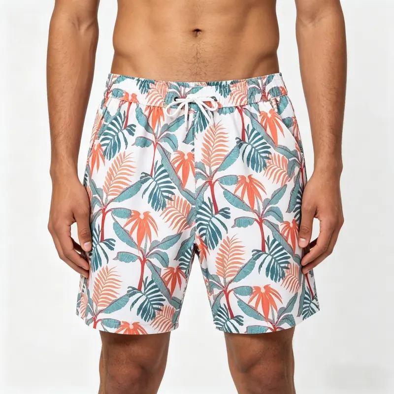 Custom floral print board shorts OEM production for resort and beachwear collections