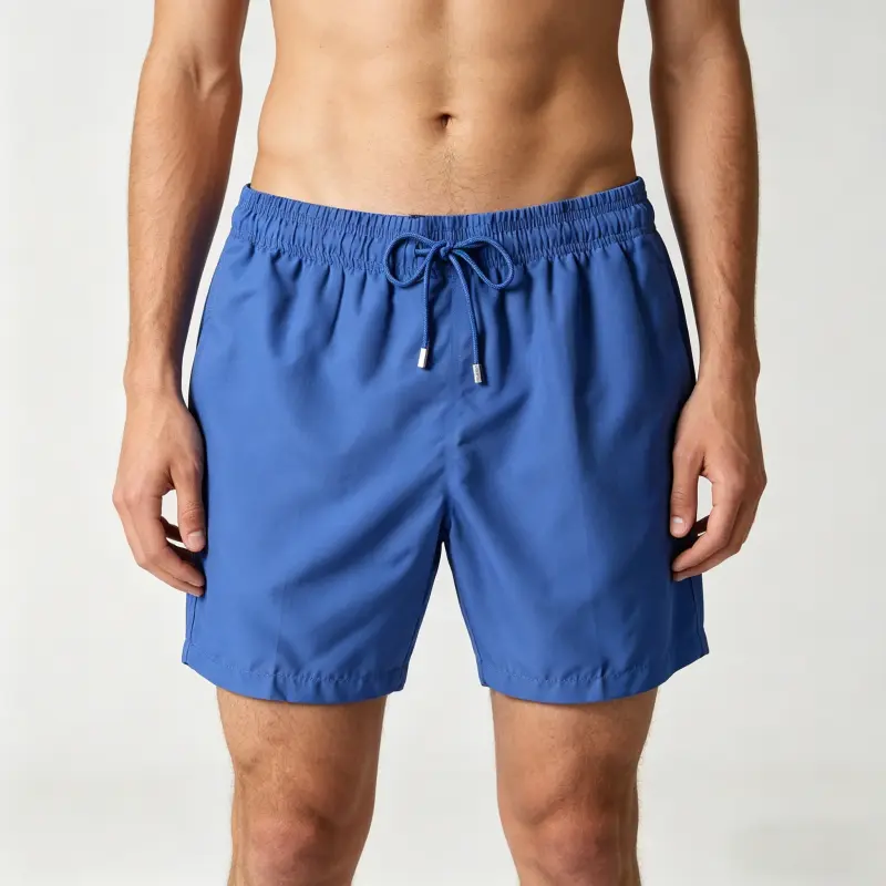 Custom solid blue board shorts manufactured for private label beachwear brands