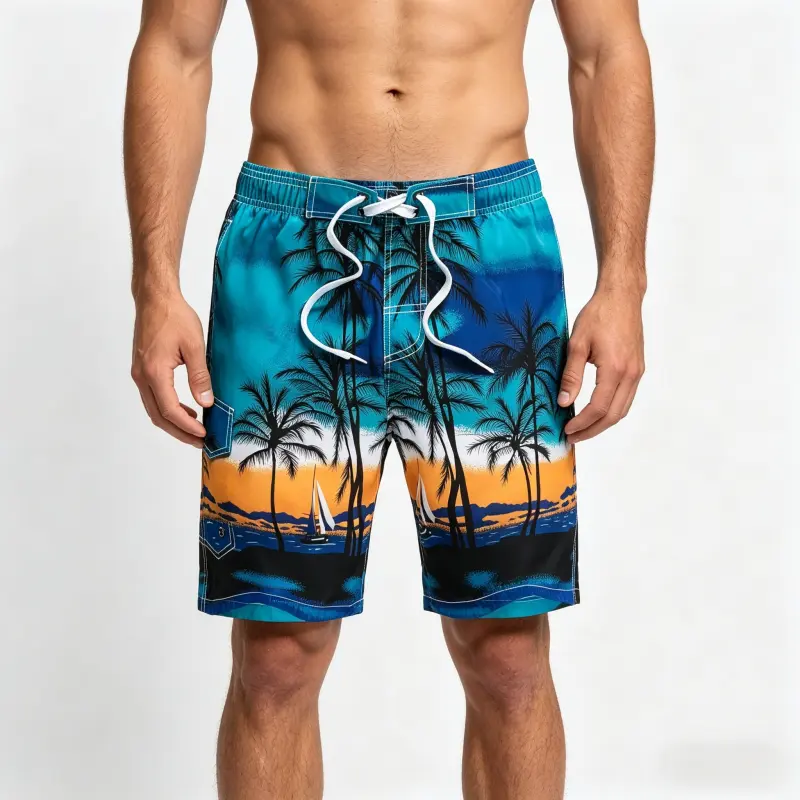 Custom tropical print board shorts for surf brands Amazon sellers and wholesalers