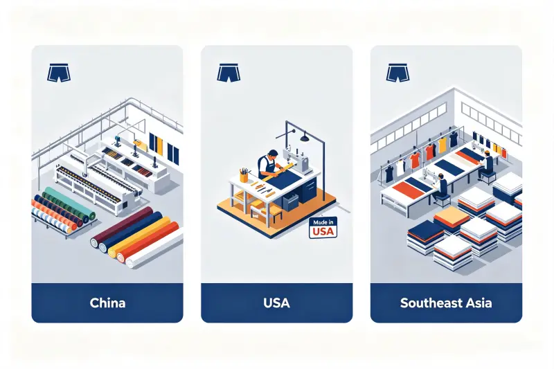 gym shorts manufacturing China USA Southeast Asia