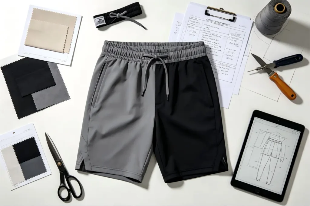 Custom gym shorts manufacturer reviewing production plan with finished shorts, stacked samples, tablet chart and inspection sheet