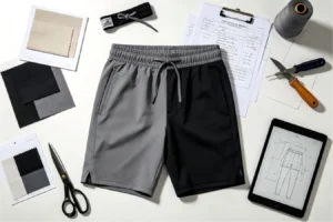 Custom gym shorts manufacturer reviewing production plan with finished shorts, stacked samples, tablet chart and inspection sheet