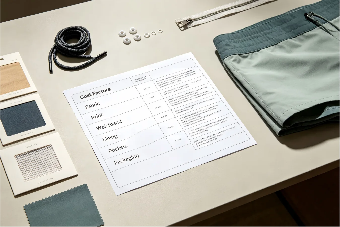 Board shorts ODM cost factors wholesale custom board shorts ODM cost factors fabric trims packaging
