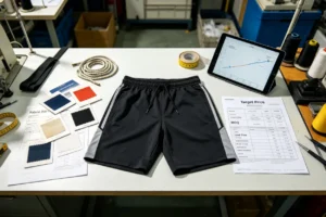 Custom gym shorts laid on factory workbench, fabric swatches, drawstring hardware, target price & MOQ document for custom sportswear bulk order