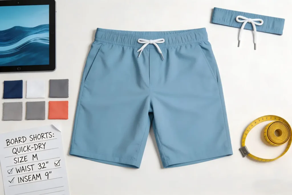 Custom gym shorts flat‑lay display with fabric swatches, measuring tape and design specs, OEM custom athletic gym shorts for men, B2B apparel manufacturer