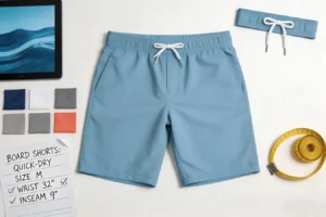 Custom gym shorts flat‑lay display with fabric swatches, measuring tape and design specs, OEM custom athletic gym shorts for men, B2B apparel manufacturer