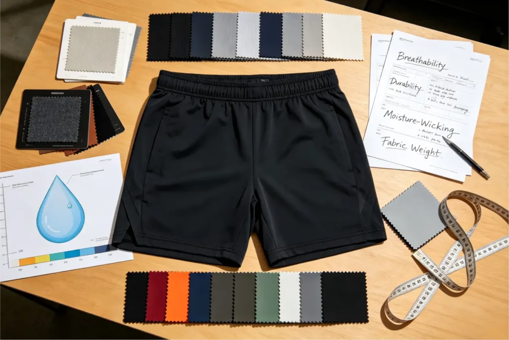 Fabrics for custom gym shorts, full color swatch kit, moisture‑wicking performance material selection for custom gym short manufacturing