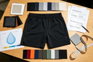 Fabrics for custom gym shorts, full color swatch kit, moisture‑wicking performance material selection for custom gym short manufacturing