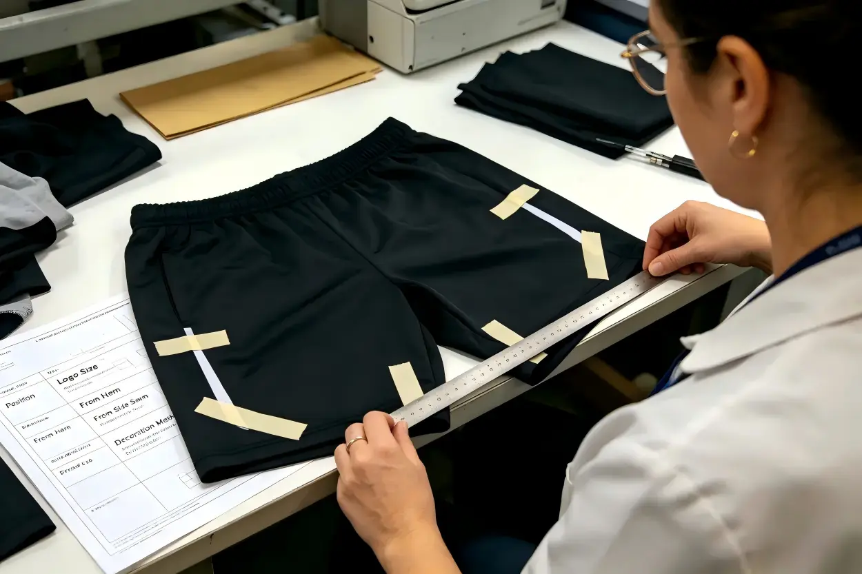 Gym Shorts logo placement in tech pack Gym Shorts logo placement measurement and decoration specification