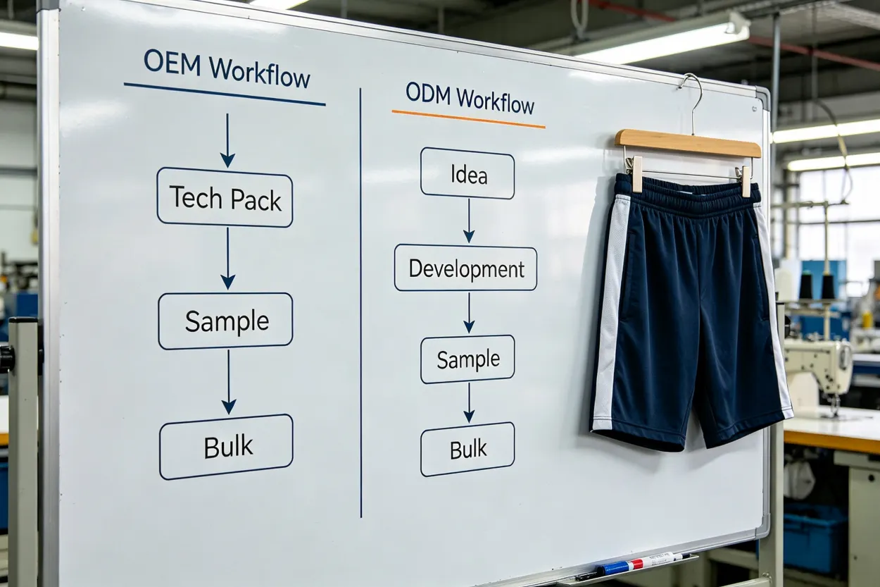 OEM and ODM Gym Shorts Workflow OEM vs ODM gym shorts manufacturing workflow comparison