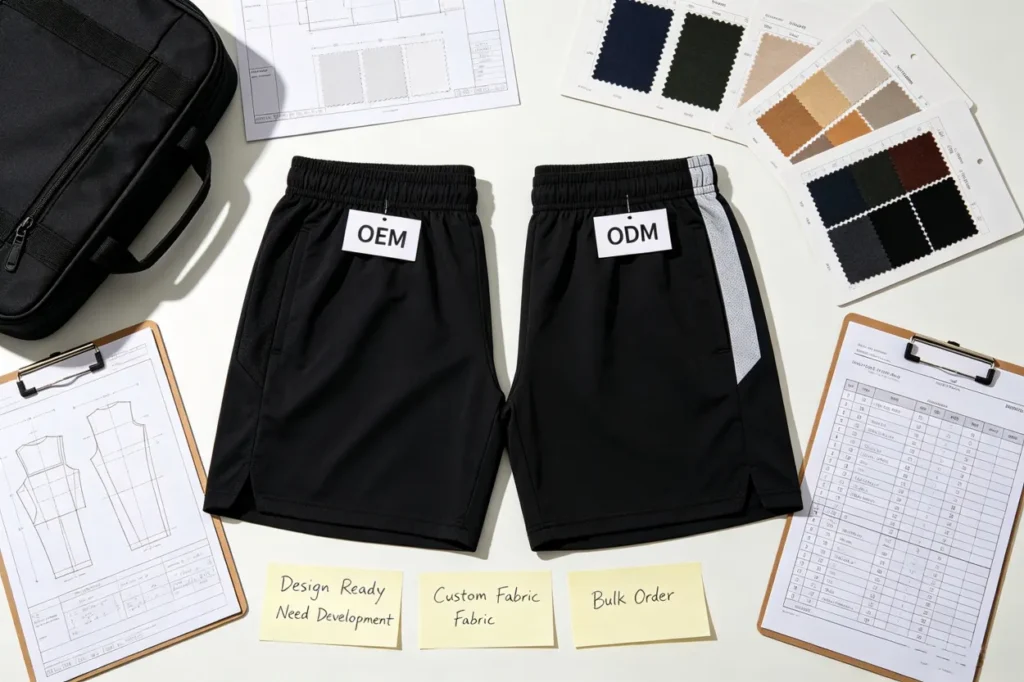 Gym shorts manufacturing comparison of OEM and ODM custom samples, technical drawings, fabric swatches, bulk order planning for athletic wear factory