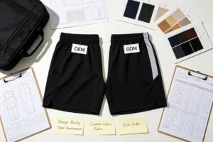 Gym shorts manufacturing comparison of OEM and ODM custom samples, technical drawings, fabric swatches, bulk order planning for athletic wear factory